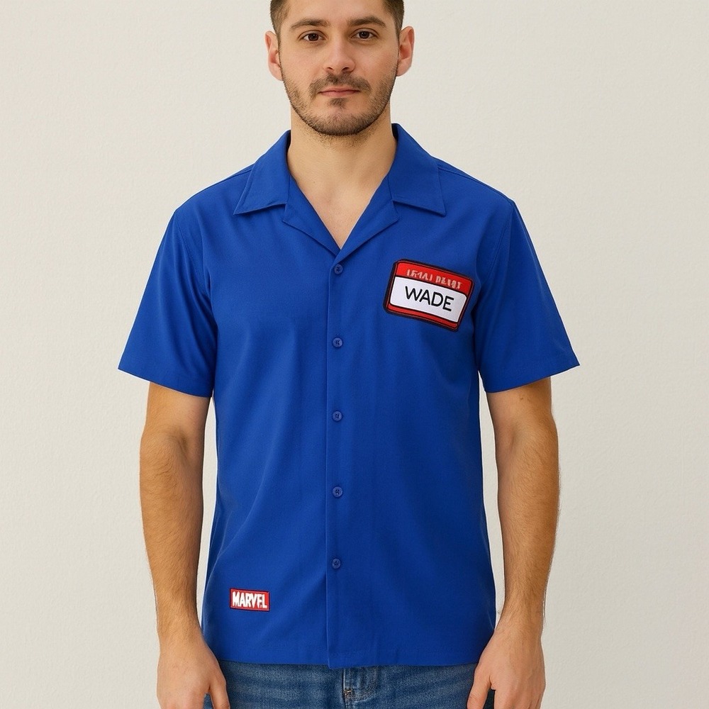 Marvel Deadpool "Hello I'm Wade" Graphic Button‎ Up Short Sleeve Shirt Small NEW